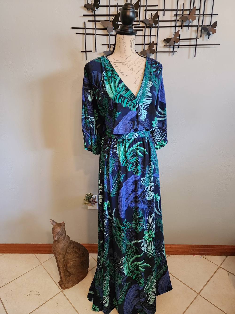 Ellos Navy Maxi Dress with Teal and Green Tropical Print